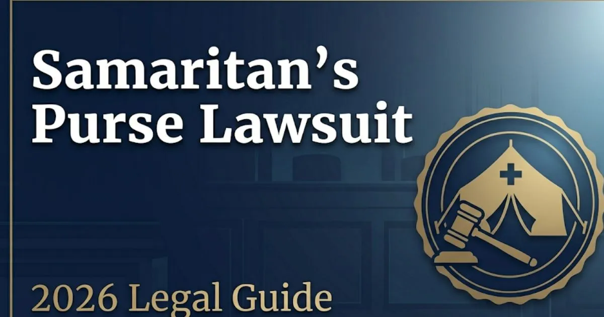 Samaritan's Purse lawsuit 2026 legal guide banner with gavel and relief tent silhouette on navy background