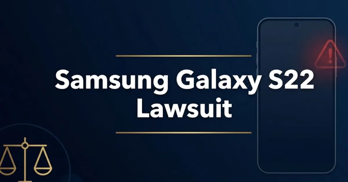 Samsung Galaxy S22 lawsuit blog banner with bold title text, legal scale icon, and smartphone silhouette on navy background