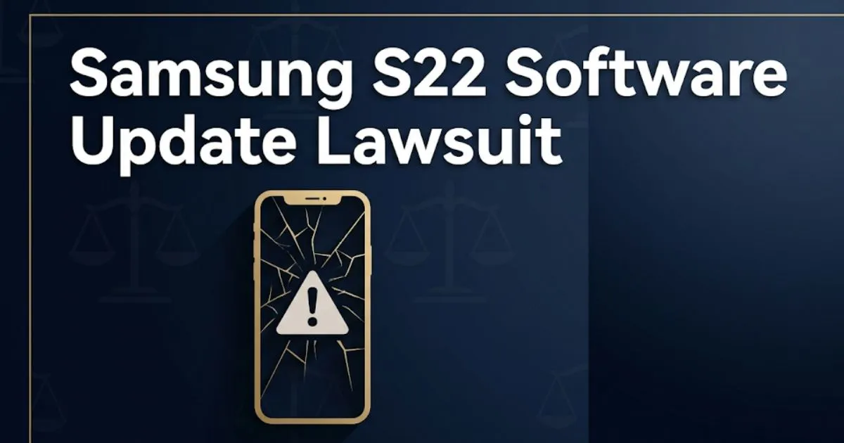 Samsung S22 software update lawsuit 2026 legal guide banner with smartphone and justice imagery