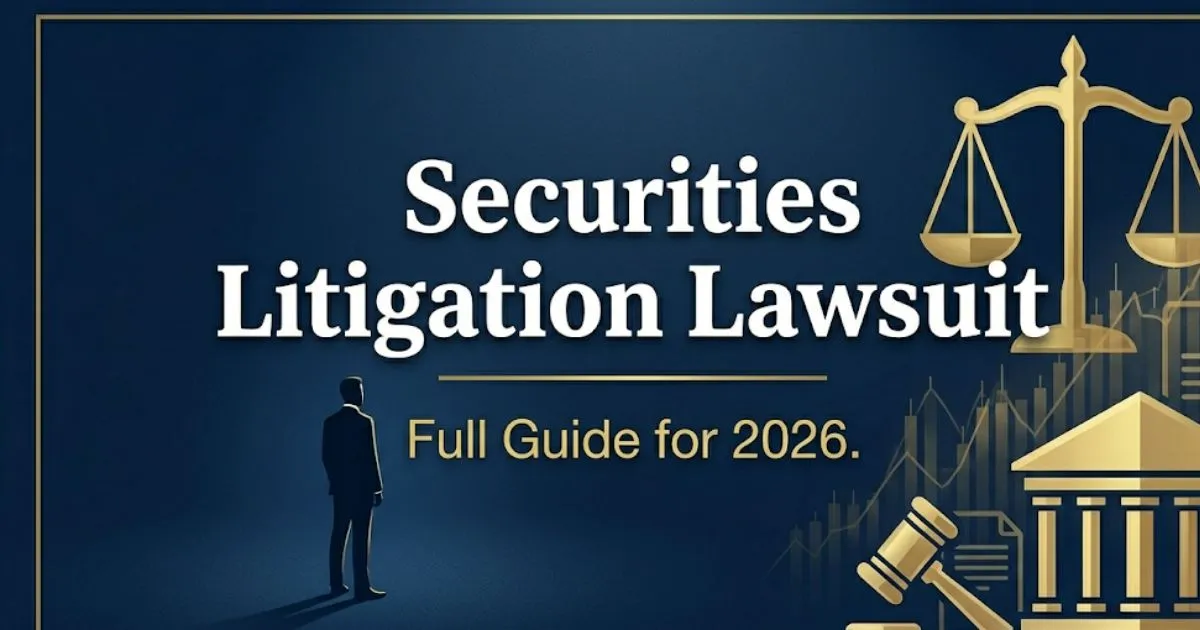 Securities litigation lawsuit guide 2026 banner with legal scales and courthouse symbols on navy background
