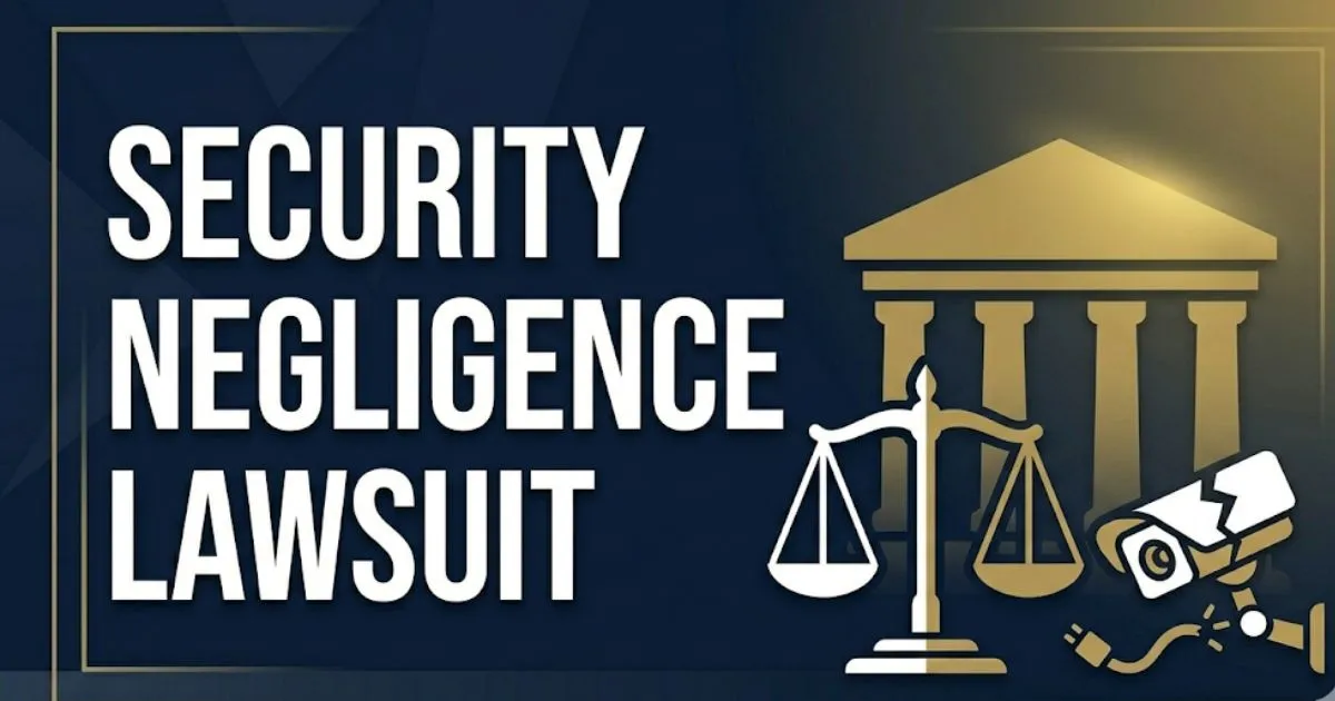 Security negligence lawsuit blog banner with courthouse silhouette, scale of justice, and bold legal headline on navy background