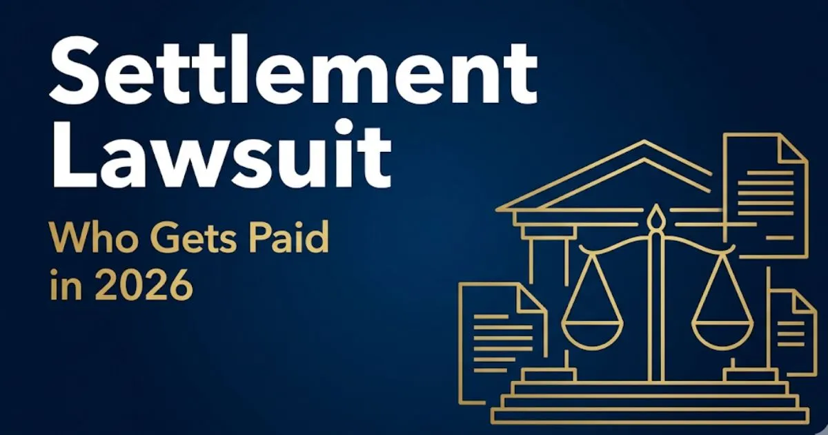 Settlement lawsuit guide 2026 banner showing courthouse silhouette, legal scales, and bold headline text on navy background.