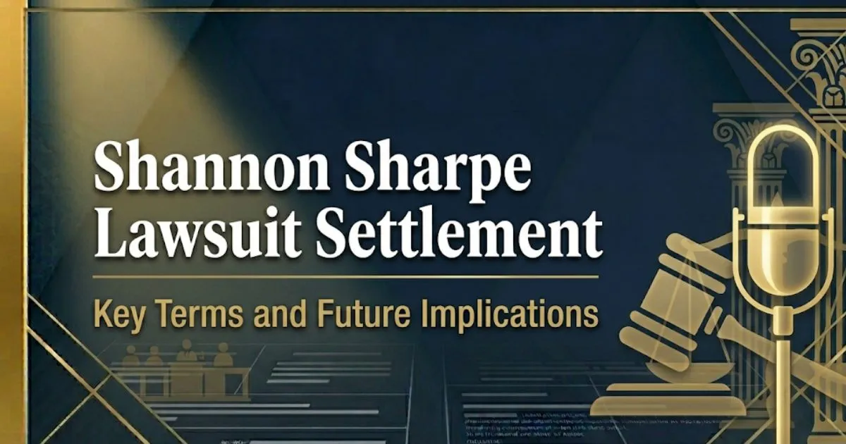Shannon Sharpe Lawsuit Settlement 2026 update banner with legal gavel and broadcast microphone icons on navy background
