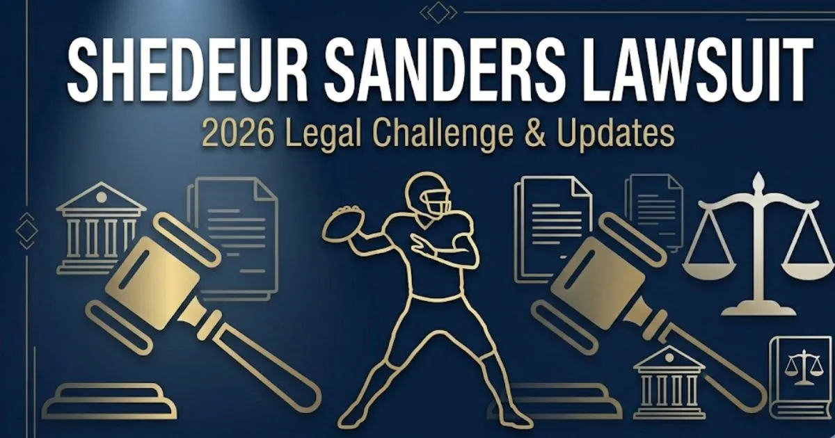 Shedeur Sanders lawsuit blog banner with legal symbols and football player silhouette