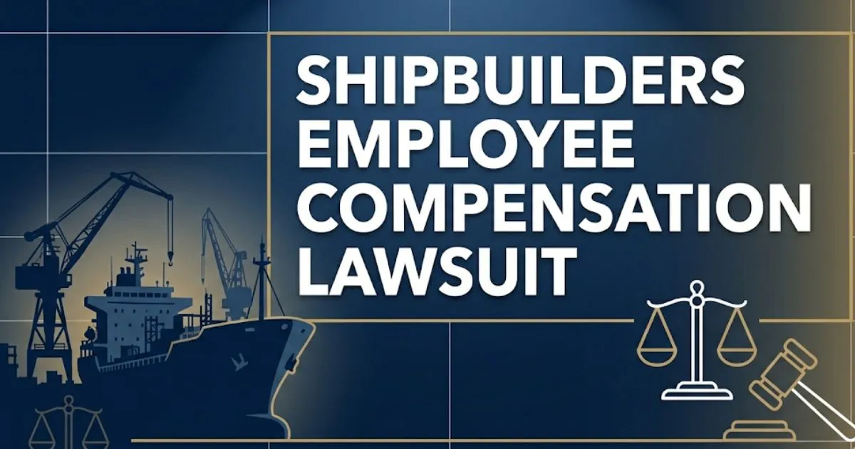 Shipbuilders employee compensation lawsuit 2026 guide banner with ship silhouette and legal scales on navy background