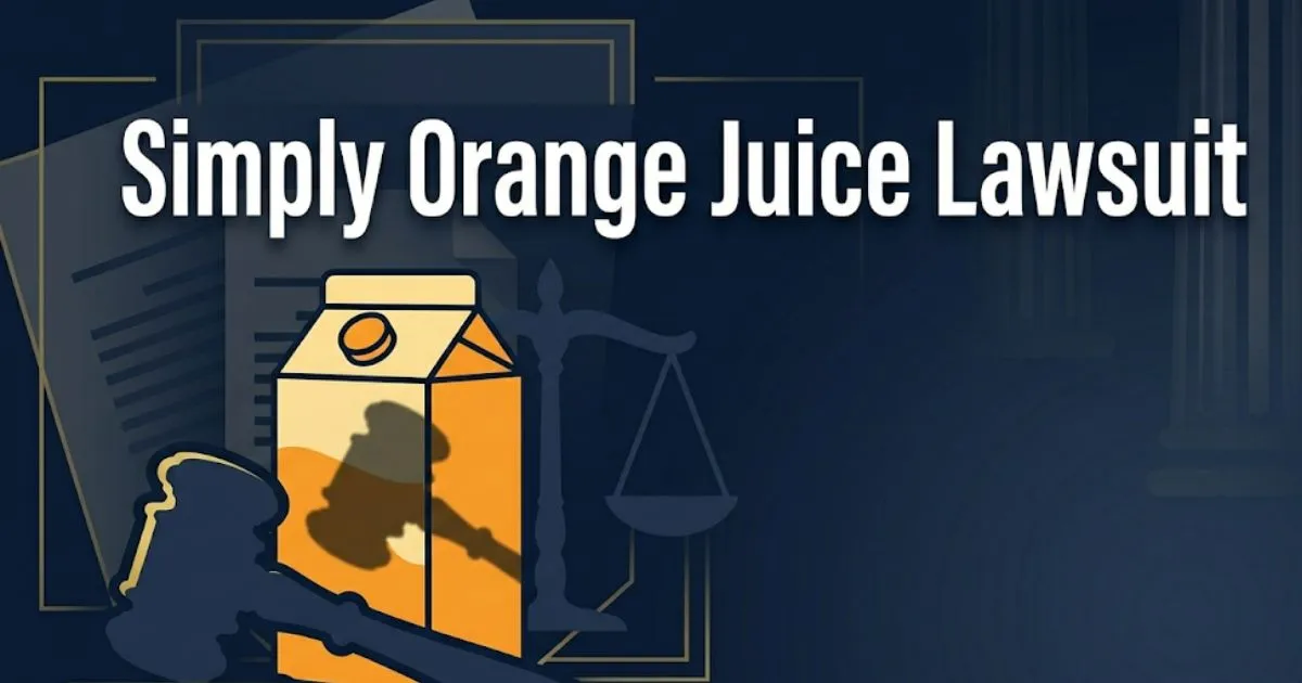 Simply Orange Juice Lawsuit 2026 legal blog banner with gavel and juice carton graphic