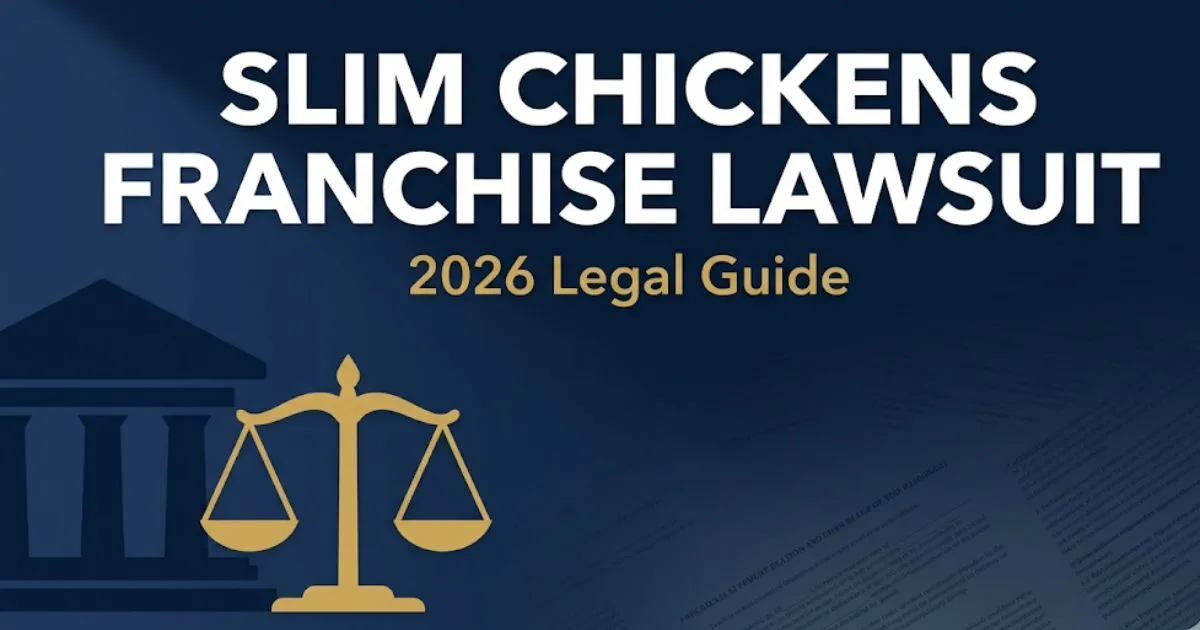 Slim chickens franchise lawsuit 2026 legal guide banner with courthouse silhouette and scales of justice on navy background
