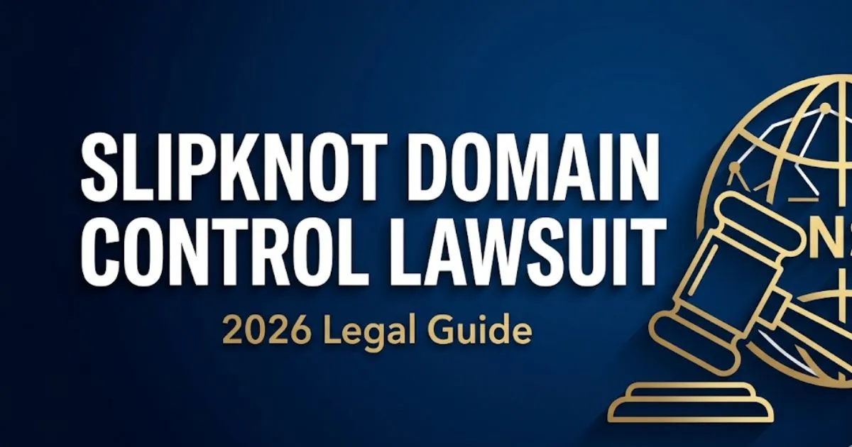 Slipknot domain control lawsuit 2026 legal guide banner with gavel and internet globe icons on navy background
