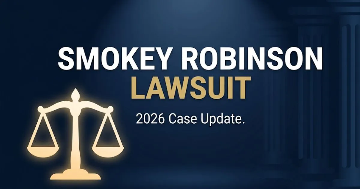 Smokey Robinson lawsuit 2026 case breakdown banner with justice scale and courthouse design on navy background