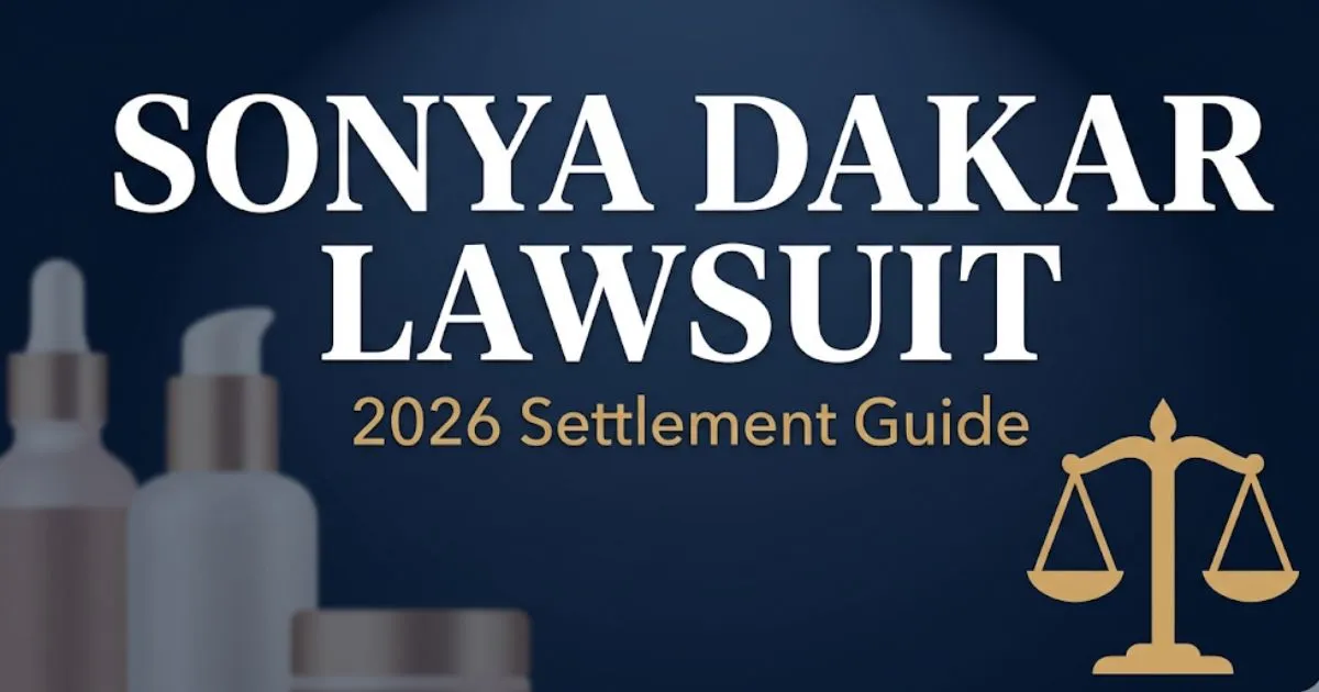 Sonya Dakar lawsuit 2026 hero banner with legal scale icon and settlement guide text on navy background