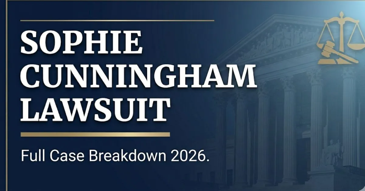 Sophie Cunningham lawsuit 2026 case breakdown banner with scales of justice icons on navy background