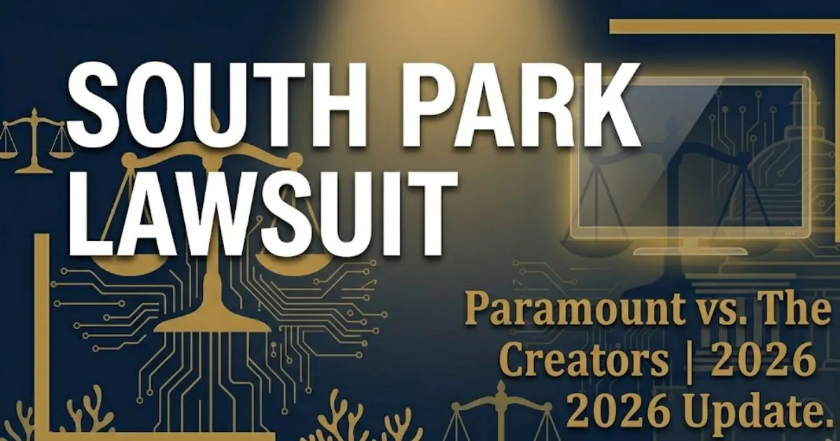 South Park lawsuit 2026 legal banner showing scales of justice and bold title text against a navy background
