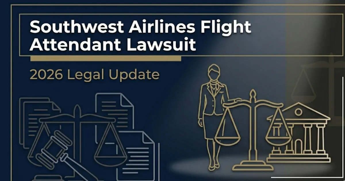 Southwest Airlines flight attendant lawsuit 2026 update banner with legal scales and silhouette on navy background