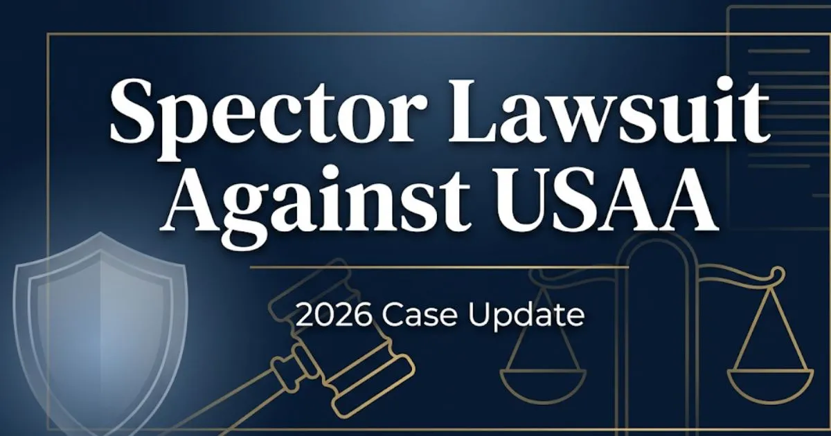 Spector lawsuit against USAA 2026 case update banner with legal scales and gavel icons