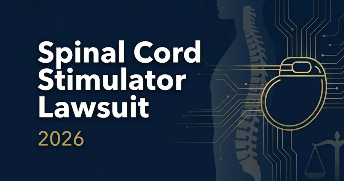 Spinal cord stimulator lawsuit 2026 banner with legal and medical device imagery