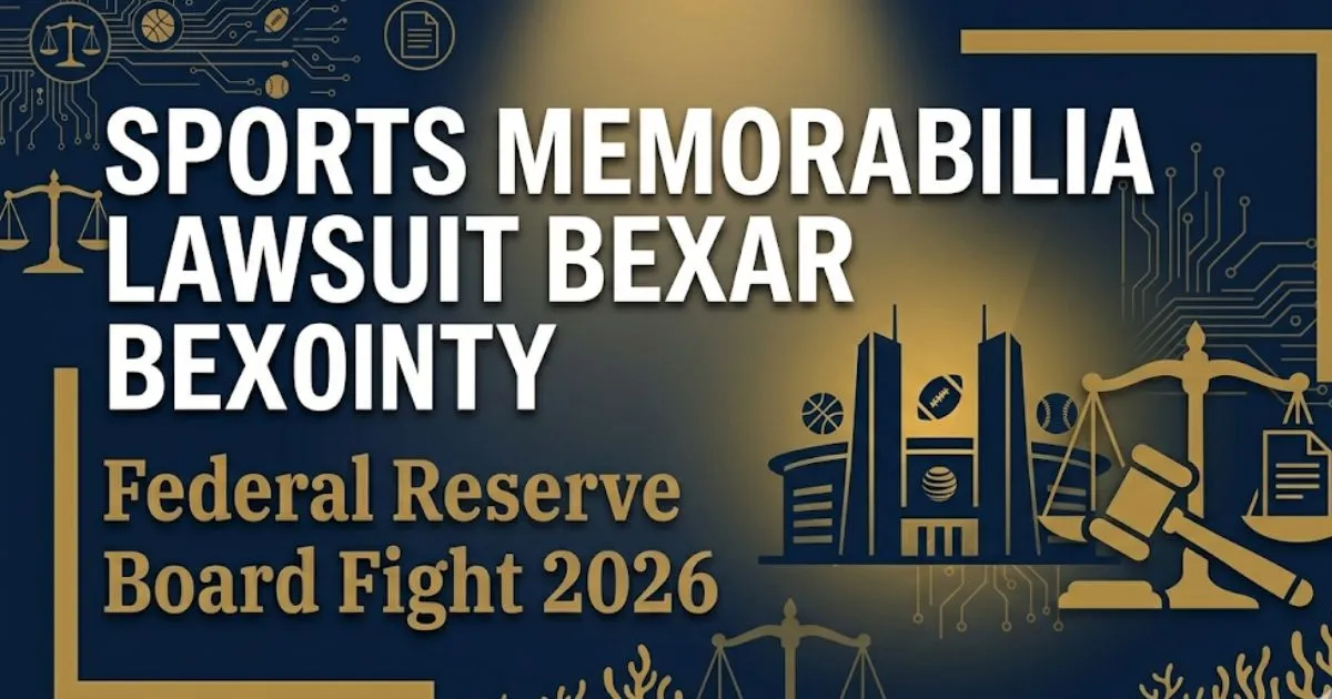 Sports memorabilia lawsuit Bexar County 2026 guide showing gavel, signed jersey, and COA document in navy and gold
