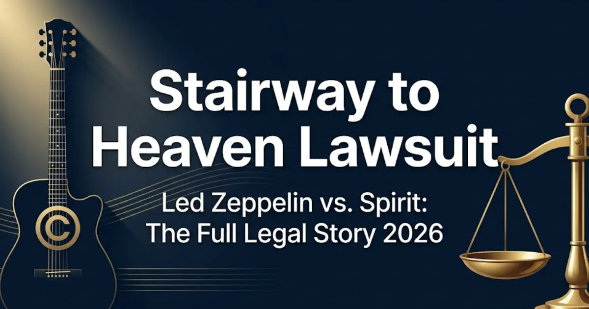 Stairway to Heaven lawsuit blog banner with guitar silhouette and scales of justice on navy background