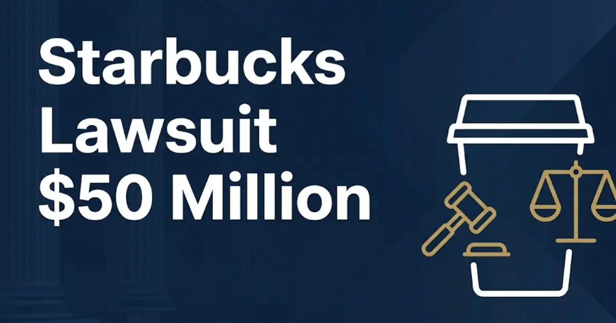 Starbucks lawsuit $50 million legal banner with coffee cup and gavel icons on navy background