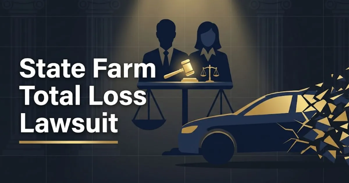 State farm total loss lawsuit 2026 legal guide banner with courtroom and vehicle imagery