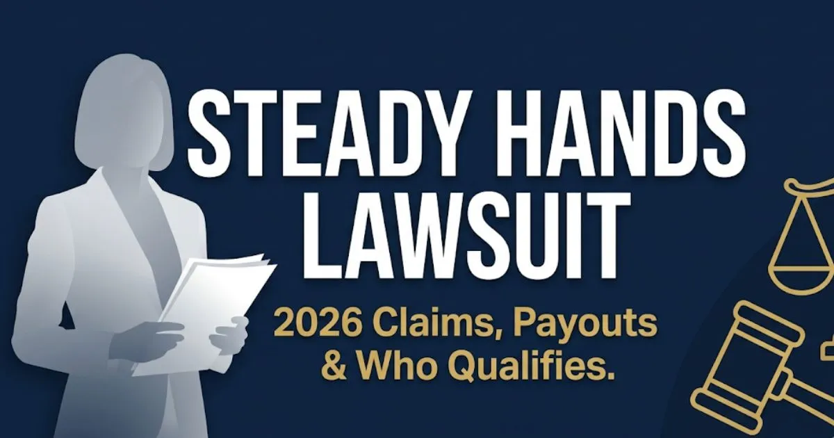 Steady Hands Lawsuit 2026 editorial banner showing legal icons, bold headline text, and navy gold color scheme (1)
