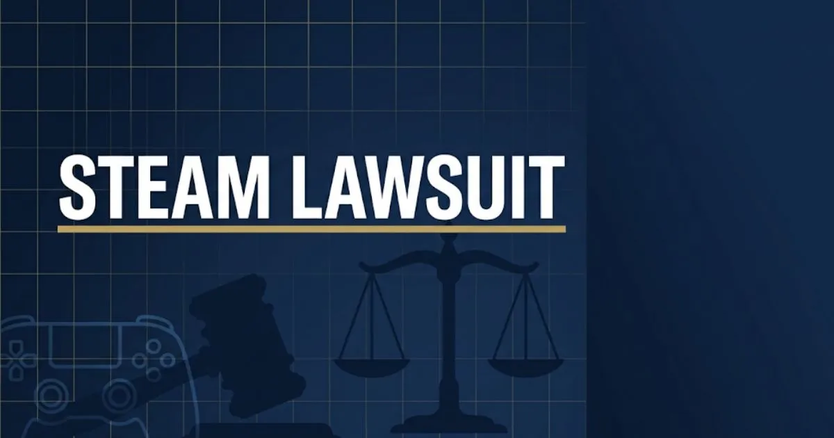 Steam lawsuit 2026 legal banner with gavel and scales of justice icons on a deep navy background