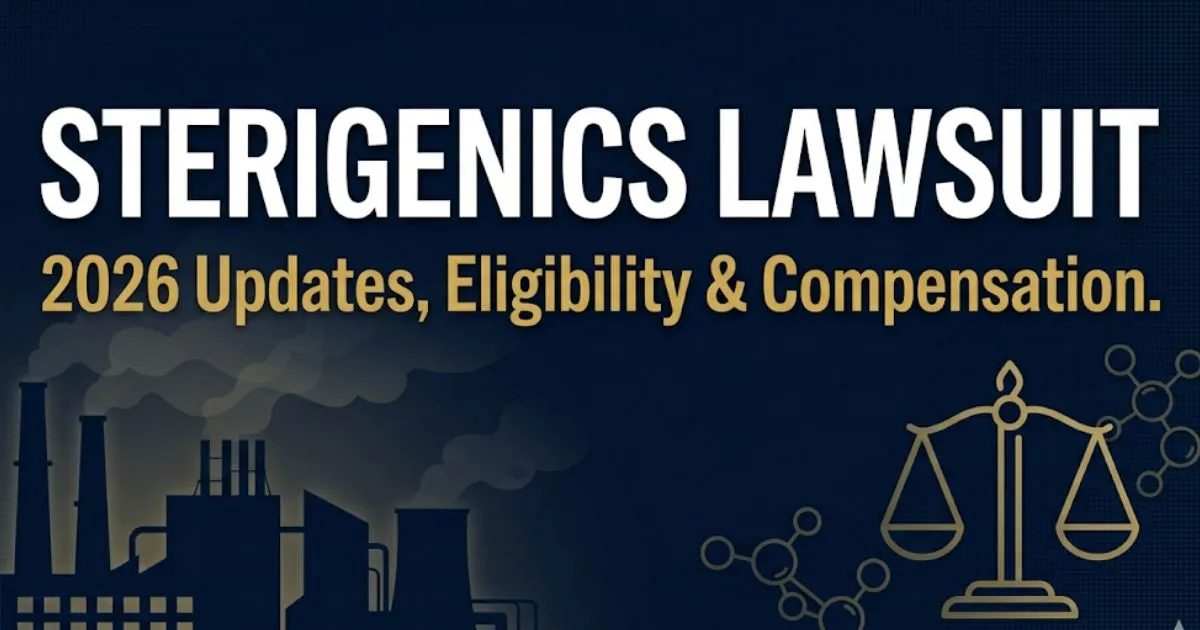 Sterigenics lawsuit 2026 legal banner showing factory silhouette, legal scales, and EtO exposure case headline