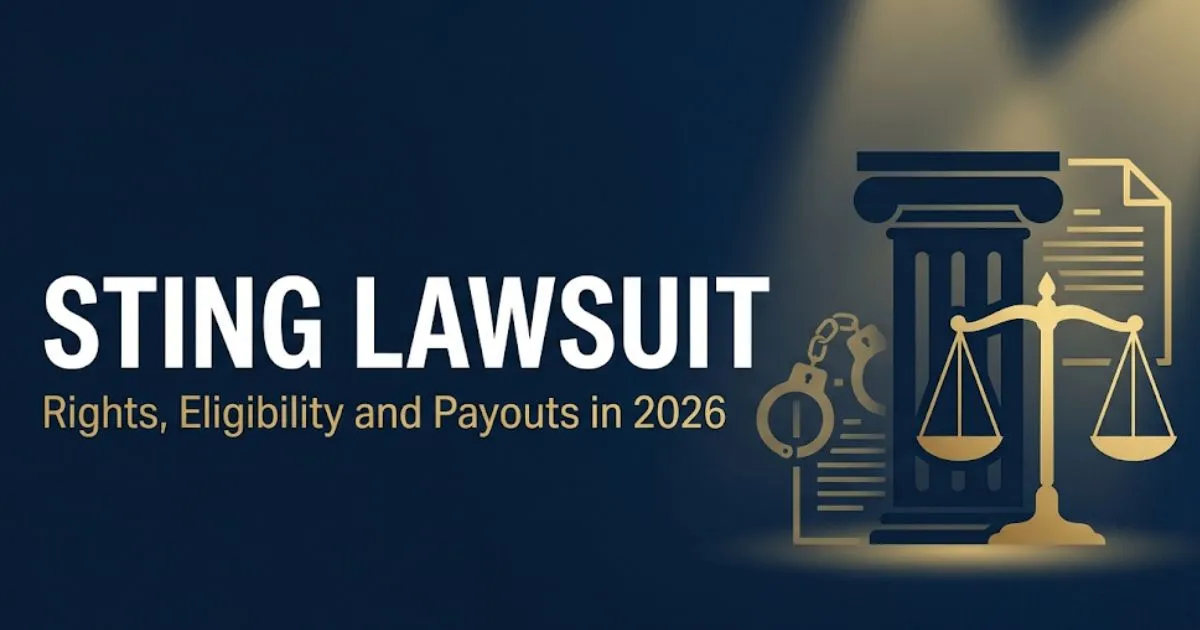 Sting lawsuit guide banner showing legal scales and courthouse silhouette with bold headline text, 2026 civil rights edition