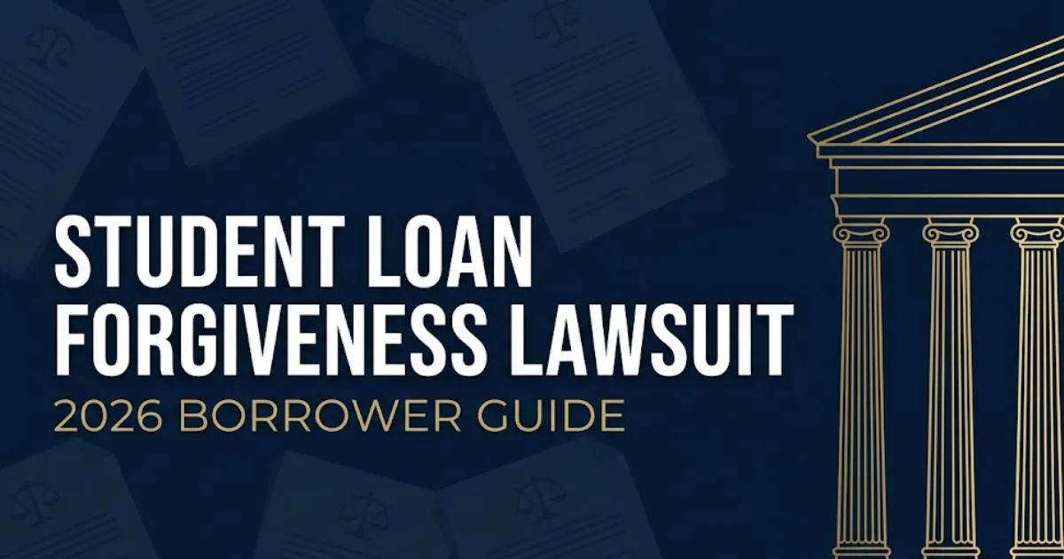 Student loan forgiveness lawsuit 2026 guide banner with courthouse silhouette and legal icons on navy background