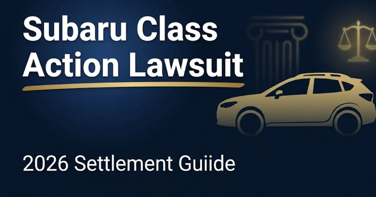 Subaru class action lawsuit 2026 hero banner with dark navy background, bold white headline, and gold SUV silhouette INPUT MAIN KEYWORD {{subaru class action lawsuit}} CLUSTER KEYWORDS {{sub