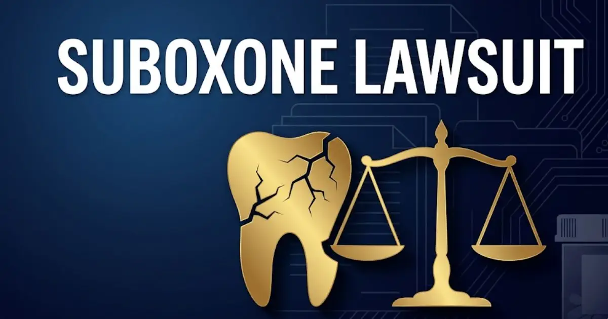 Suboxone lawsuit 2026 legal banner with tooth damage icon and scales of justice
