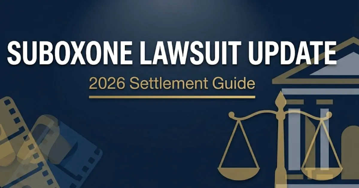 Suboxone lawsuit update 2026 hero banner with legal scales and navy background for settlement guide