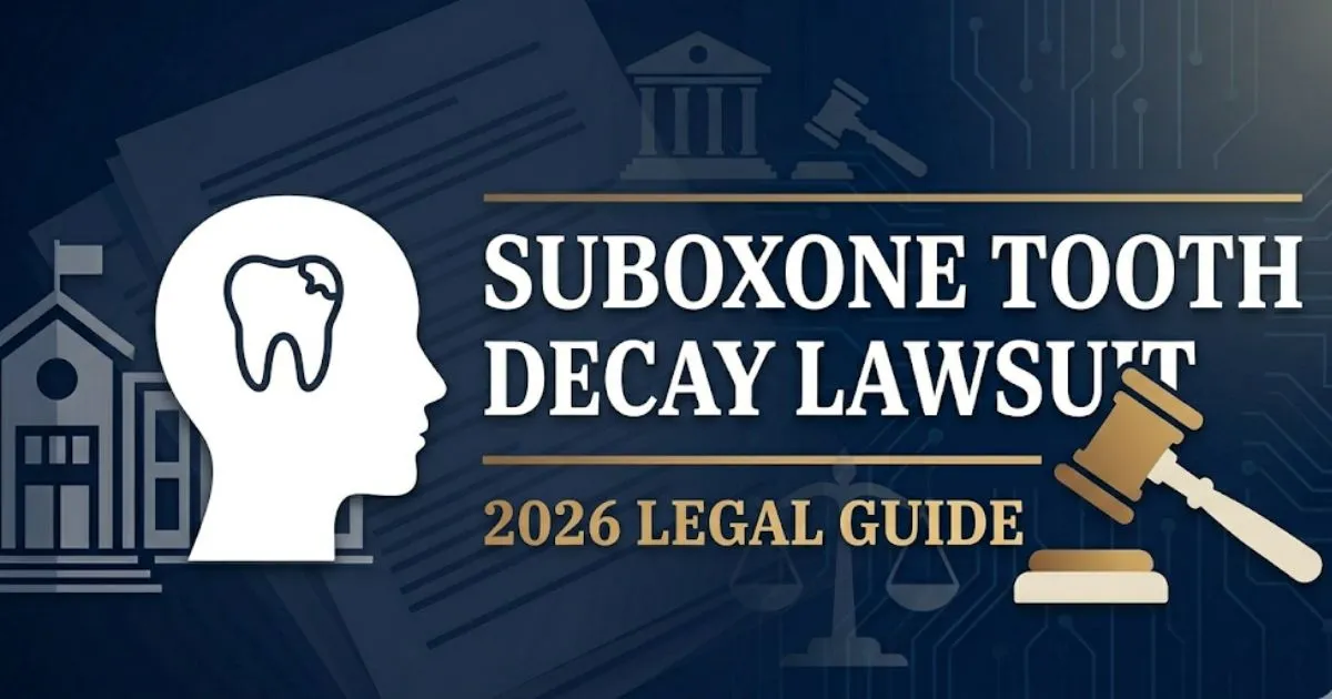 Suboxone tooth decay lawsuit 2026 legal guide banner with courthouse silhouette on navy background