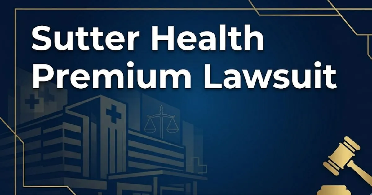 Sutter Health Premium Lawsuit banner with legal scales and hospital imagery in navy and gold