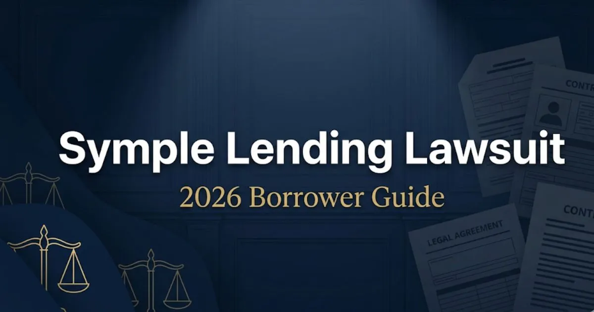 Symple Lending lawsuit 2026 guide banner with legal scales icon on deep navy background