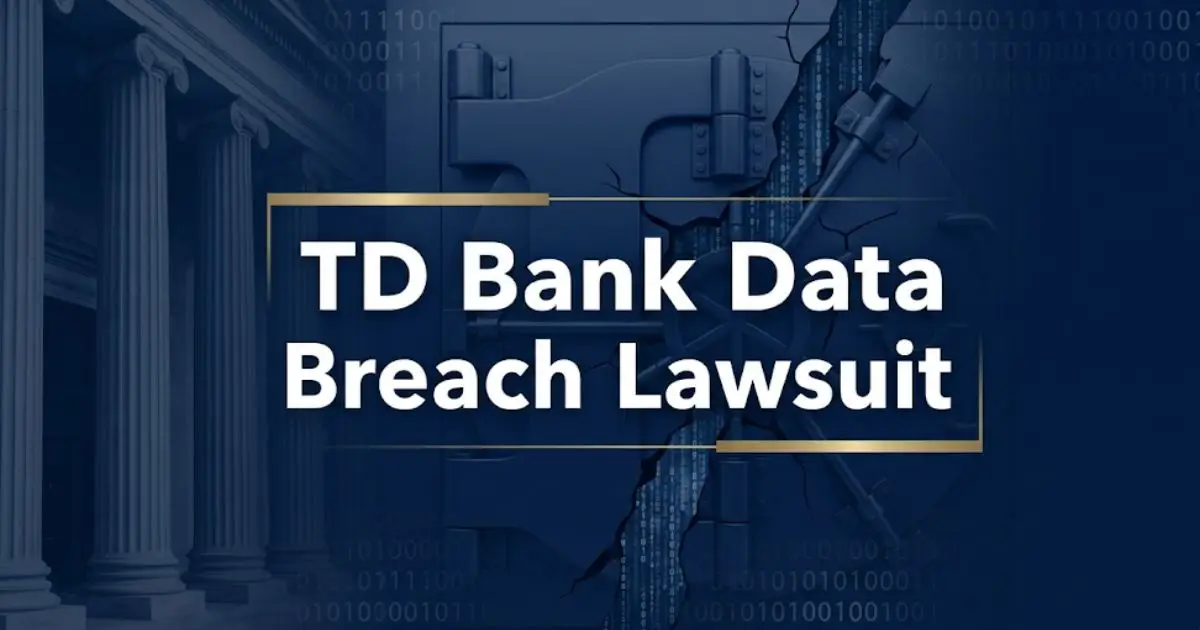 TD Bank Data Breach Lawsuit 2026 legal guide banner with courthouse and security breach imagery