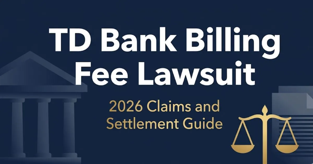TD Bank billing fee lawsuit 2026 settlement guide banner with legal scales and bank building silhouette