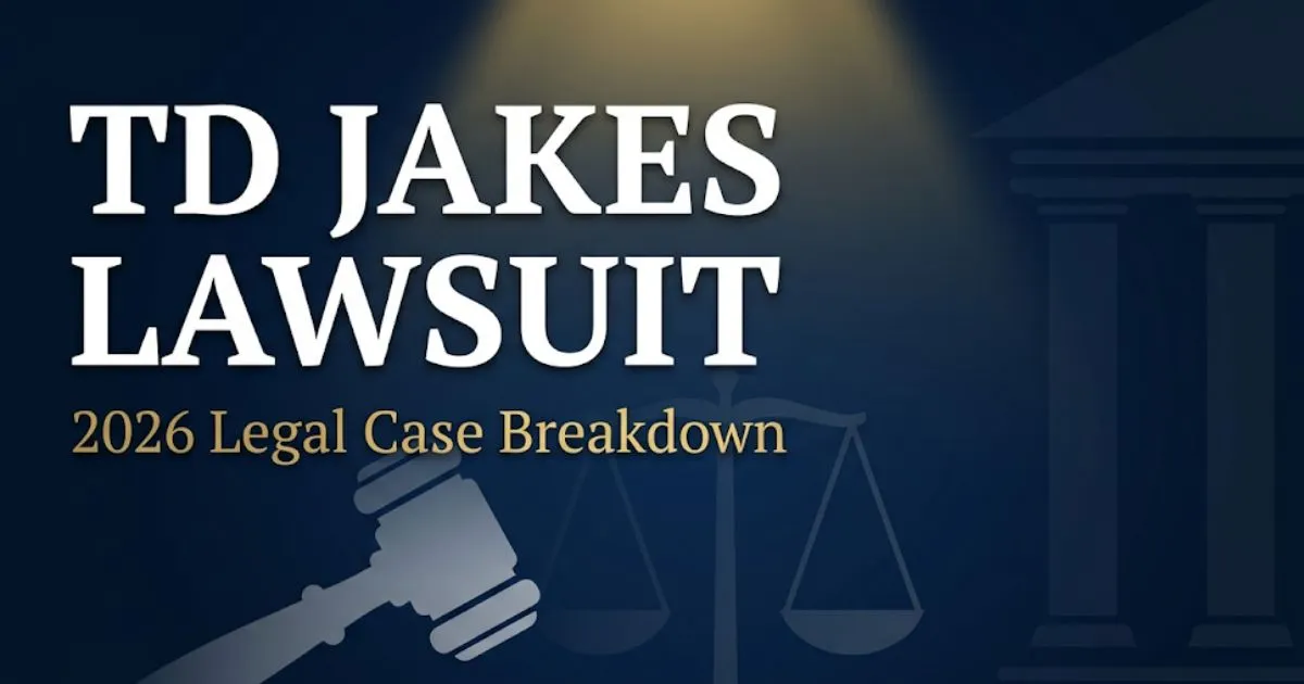 TD Jakes lawsuit 2026 legal case breakdown banner with gavel and scales of justice on navy background
