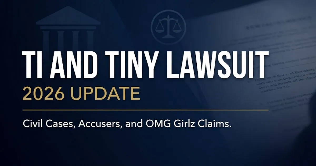 TI and Tiny lawsuit 2026 update banner with scales of justice and courthouse silhouette on navy background