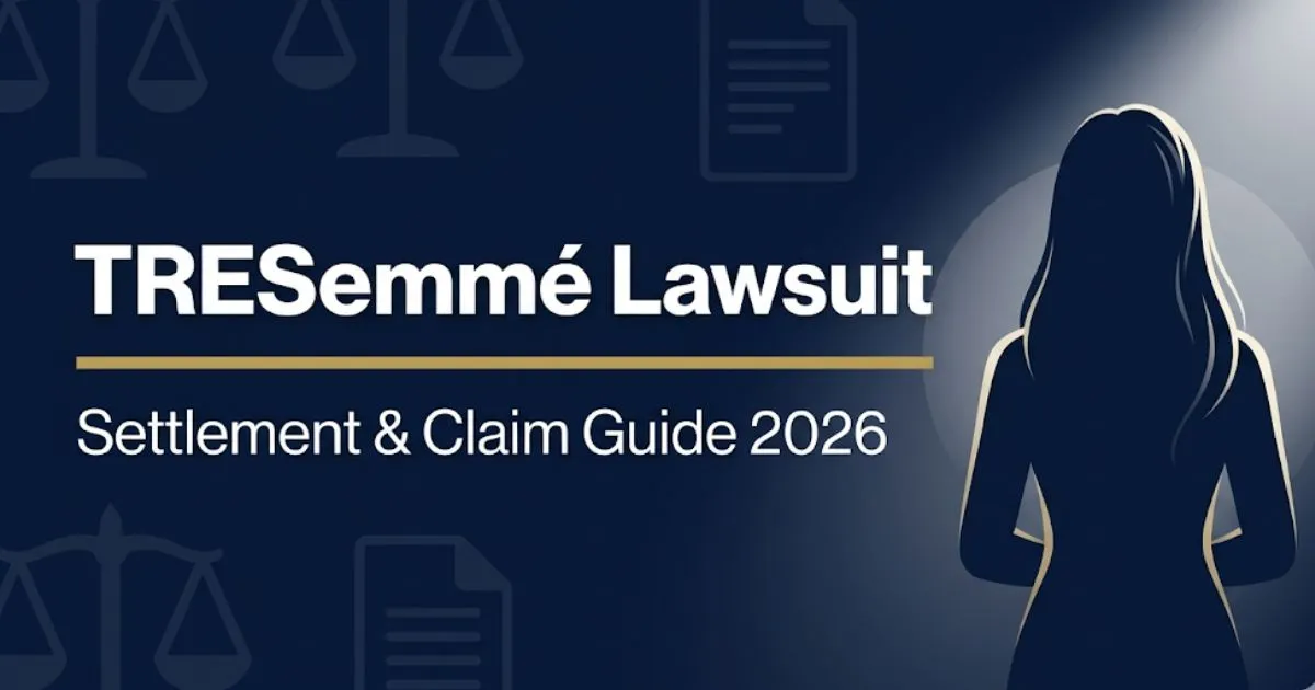 TRESemmé lawsuit settlement and claim guide 2026 banner with legal symbols and navy background