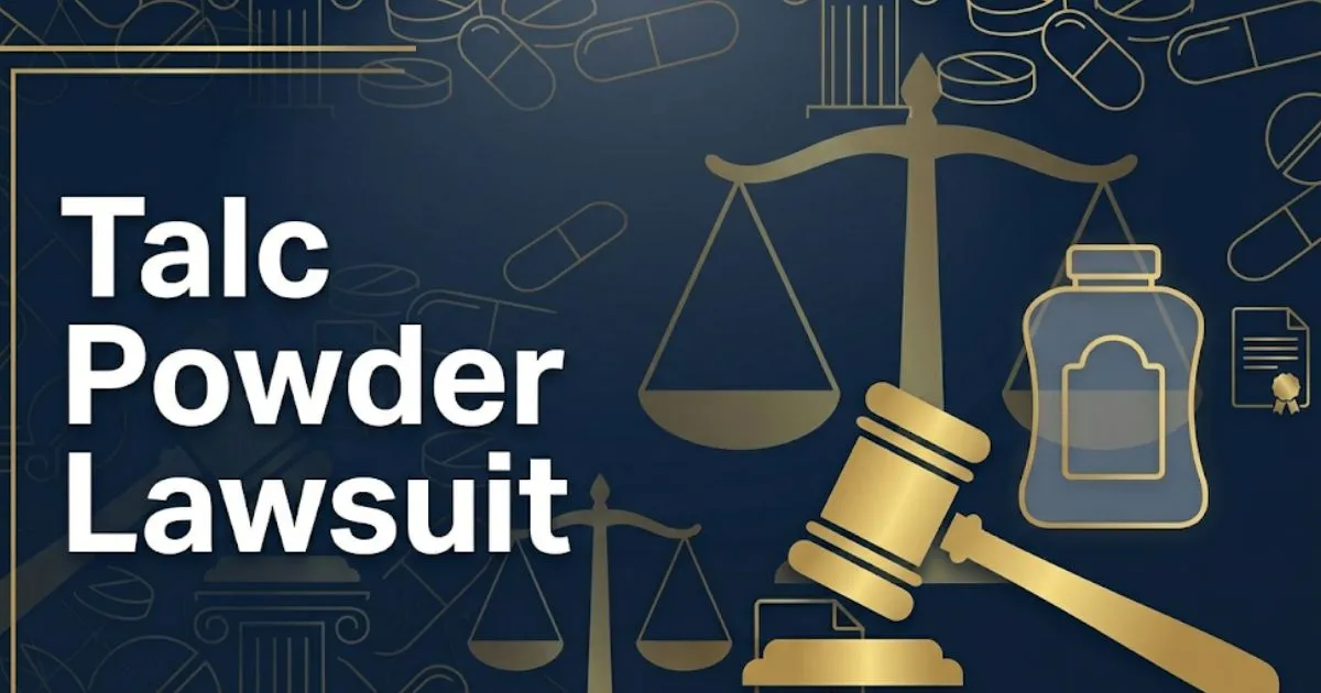 Talc powder lawsuit 2026 update banner with gavel and legal imagery in navy and gold design