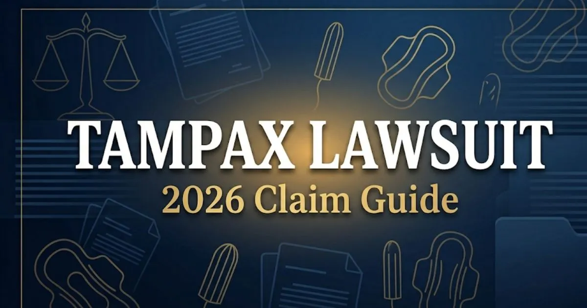 Tampax lawsuit 2026 legal guide banner with scales of justice and navy blue background