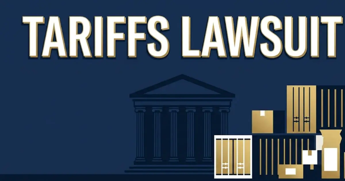 Tariffs lawsuit 2026 legal banner with courthouse silhouette and trade imagery