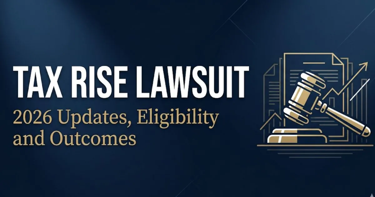 Tax rise lawsuit 2026 blog banner with gavel icon, navy and gold color scheme, legal editorial style