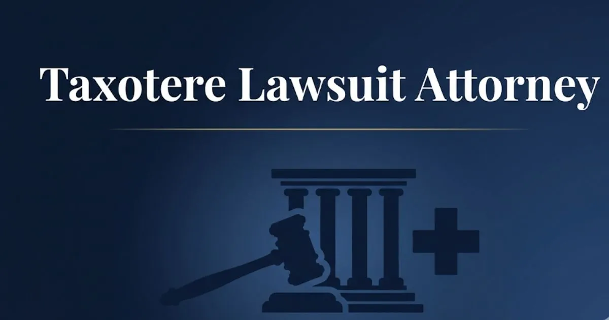 Taxotere lawsuit attorney 2026 guide with legal symbols and navy blue professional banner design
