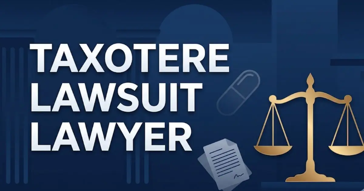 Taxotere lawsuit lawyer banner with scales of justice and legal document elements in navy and gold