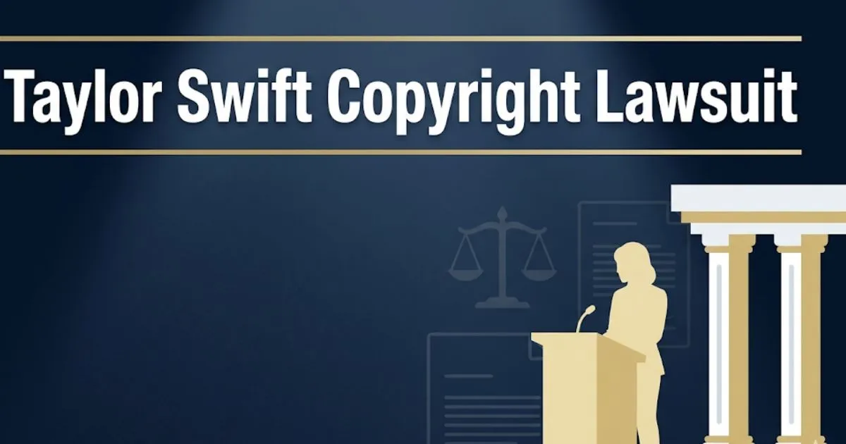 Taylor Swift copyright lawsuit 2026 legal breakdown banner with courthouse silhouette and scales of justice on navy background