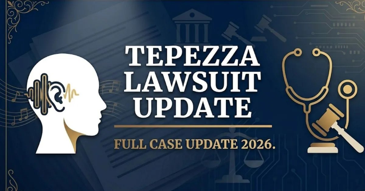 Tepezza lawsuit update 2026 banner with courthouse, scales of justice, and hearing loss symbols