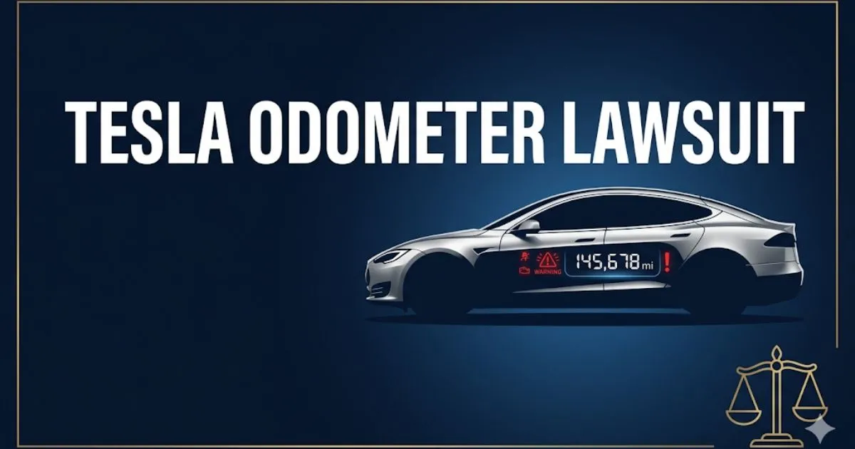 Tesla odometer lawsuit 2026 legal guide hero banner with vehicle silhouette and digital display