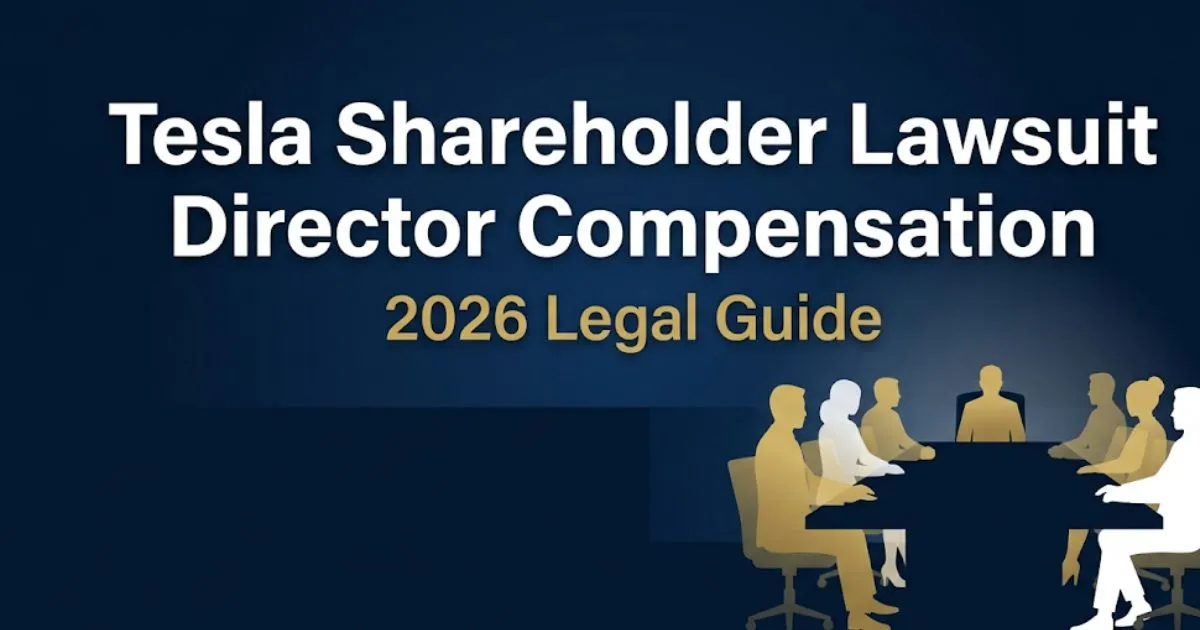 Tesla shareholder lawsuit director compensation 2026 legal guide banner with boardroom silhouette and gold accents on navy background