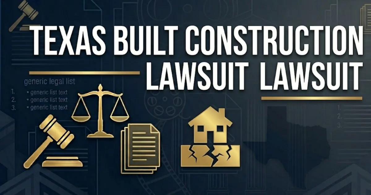 Texas Built Construction Lawsuit 2026 banner showing cracked foundation silhouette with legal symbols